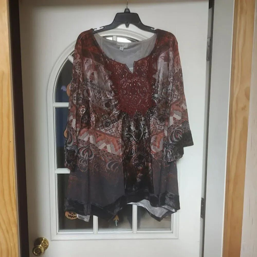 One World Burgundy Multi-Color Velour Feel 3/4 Sleeve Tunic Top Size Women's 1X